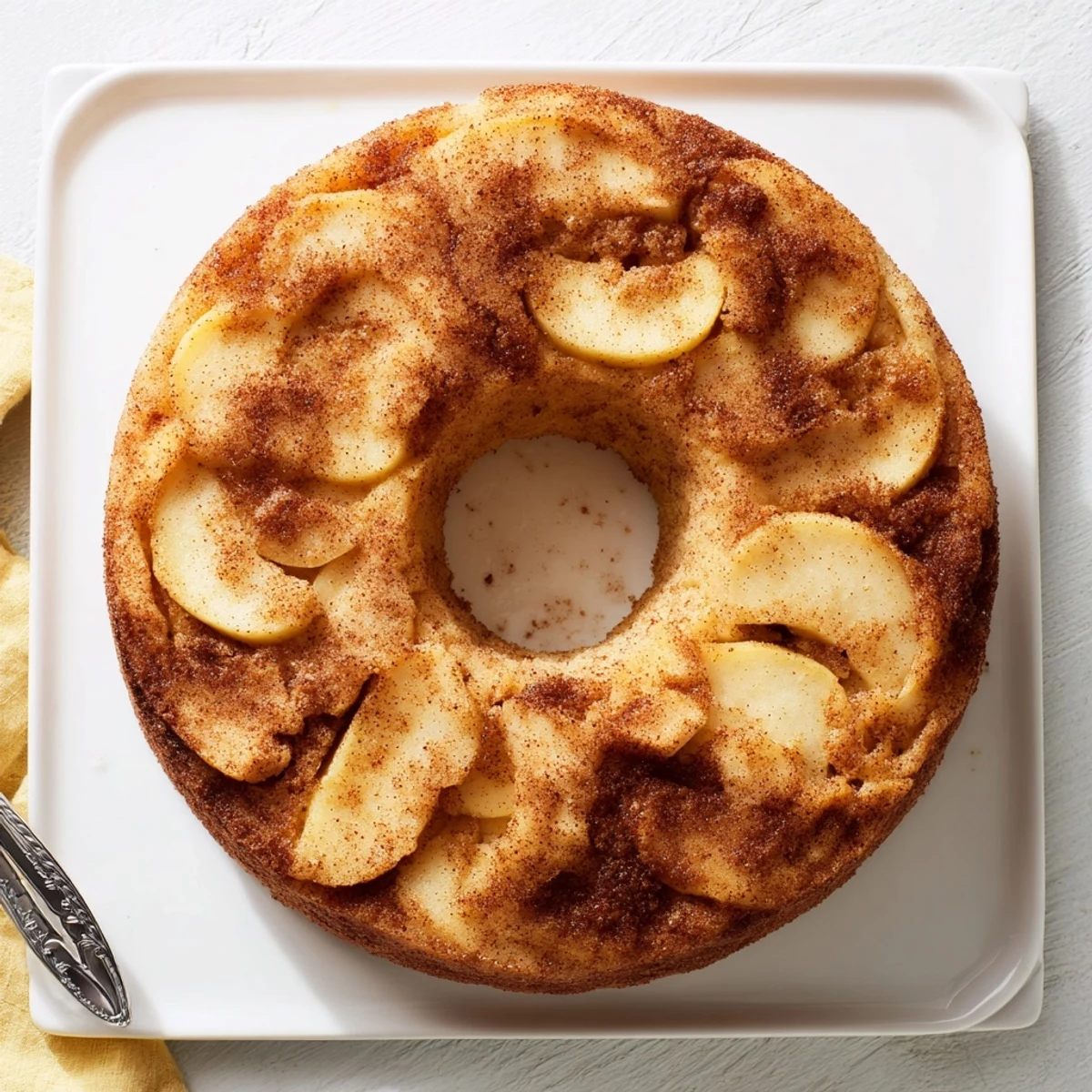 A close-up of a soft, moist Baked Apple Cake, featuring warm, sweet apple slices.