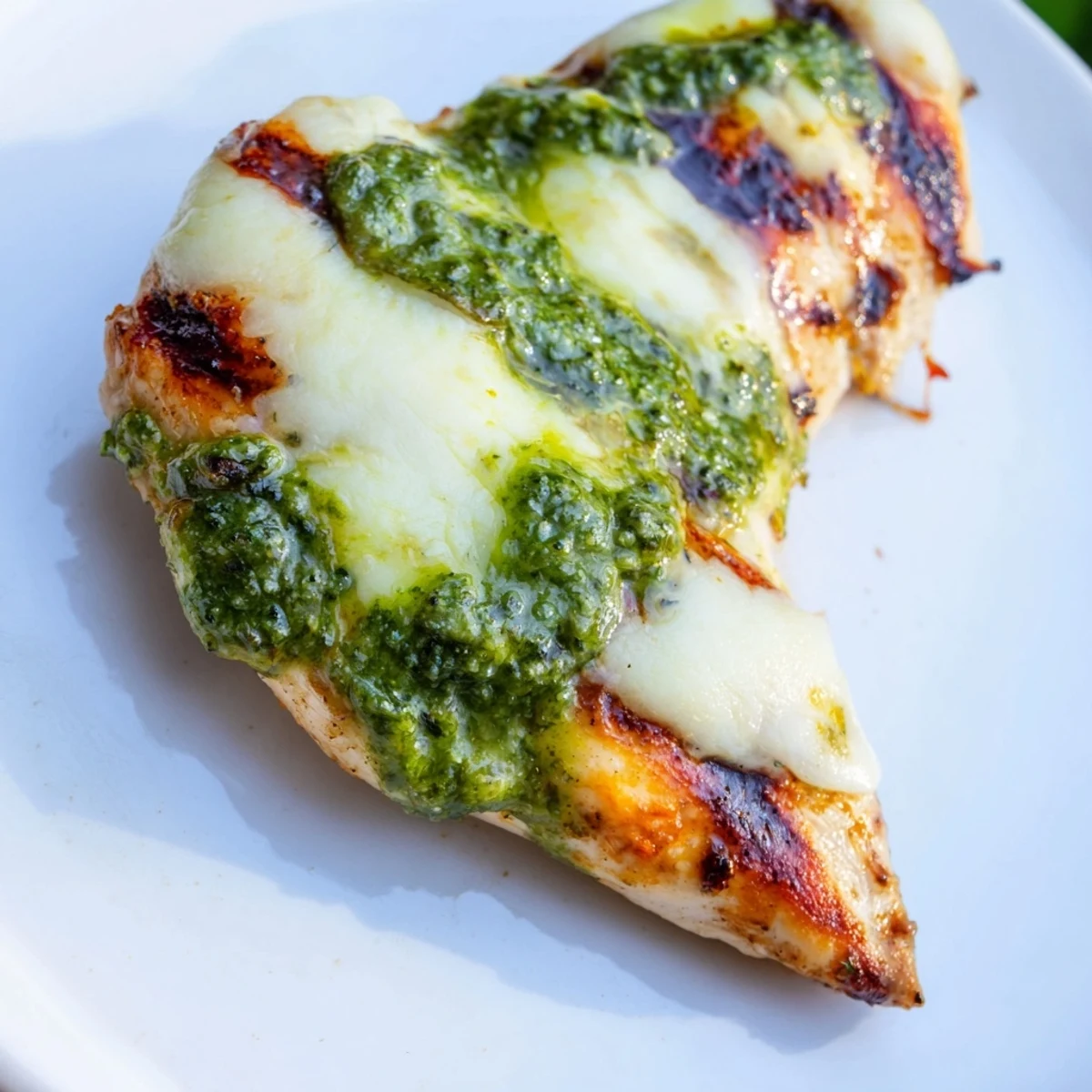 Toasted ciabatta rolls cradle a juicy grilled chicken breast, slathered with creamy basil pesto and topped with melted mozzarella for a savory bite.