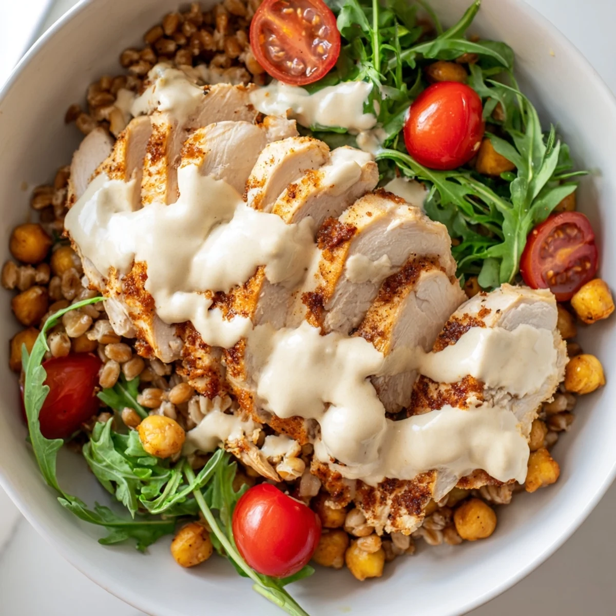 Vibrant Mediterranean-inspired bowl featuring golden roasted chicken and chickpeas, mixed with farro and vegetables, drizzled with zesty lemon tahini sauce.
