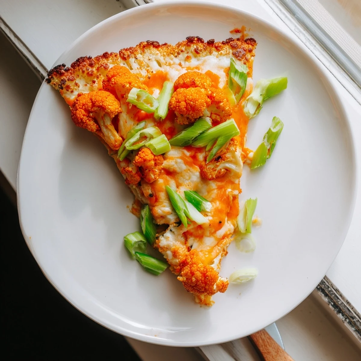 Close-up of golden Buffalo Cauliflower Pizza with melted mozzarella, spicy red sauce, and fresh green onions on a rustic wooden board.  