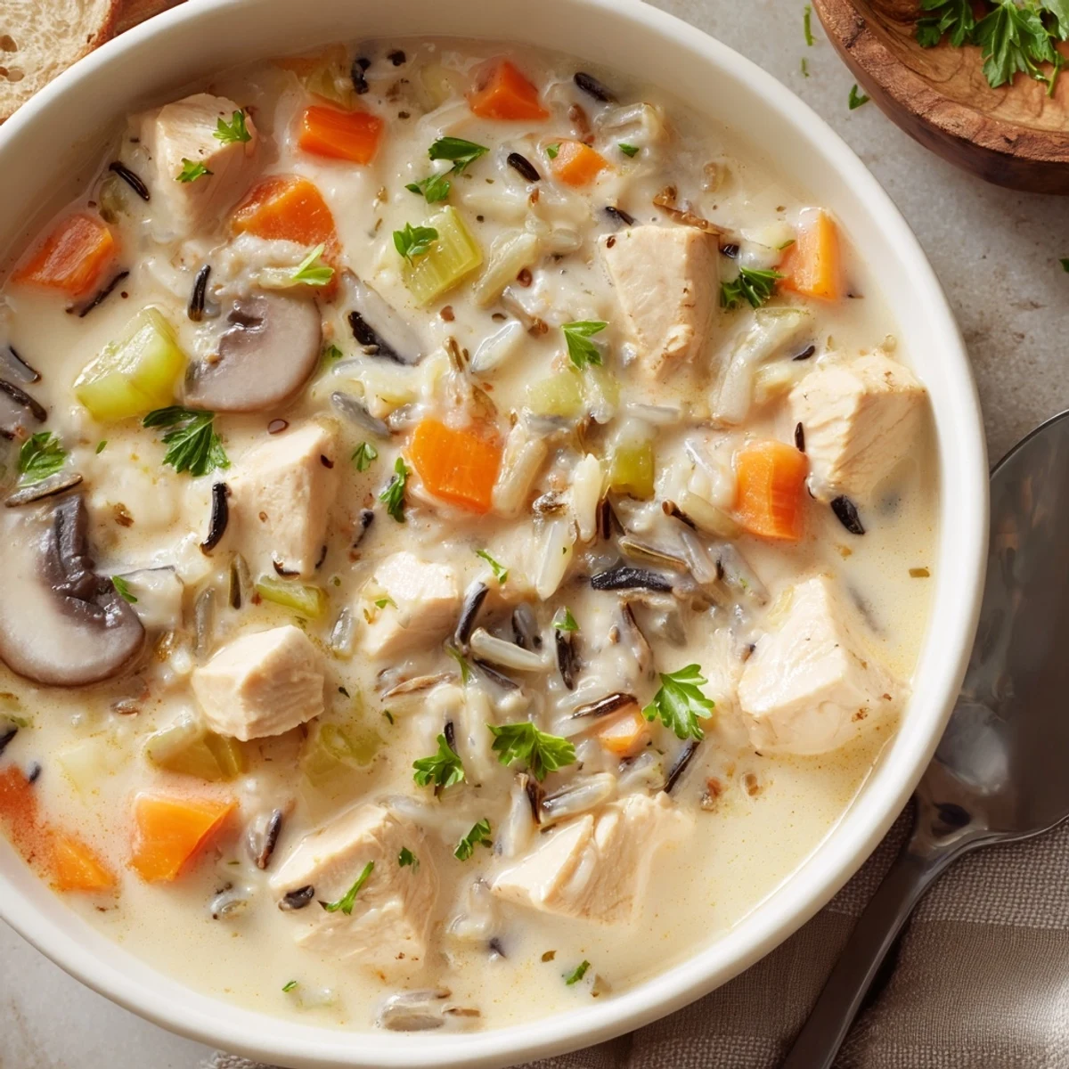 Creamy Parmesan Mushroom Chicken and Wild Rice Soup in a rustic bowl, garnished with fresh parsley.