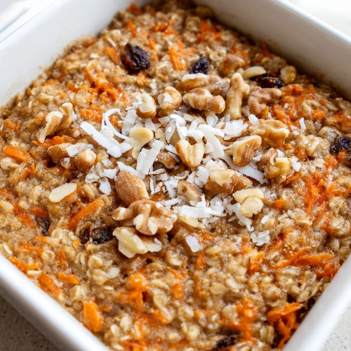 Golden-brown Carrot Cake Baked Oatmeal in a ceramic dish, with walnuts and raisins visible on top.