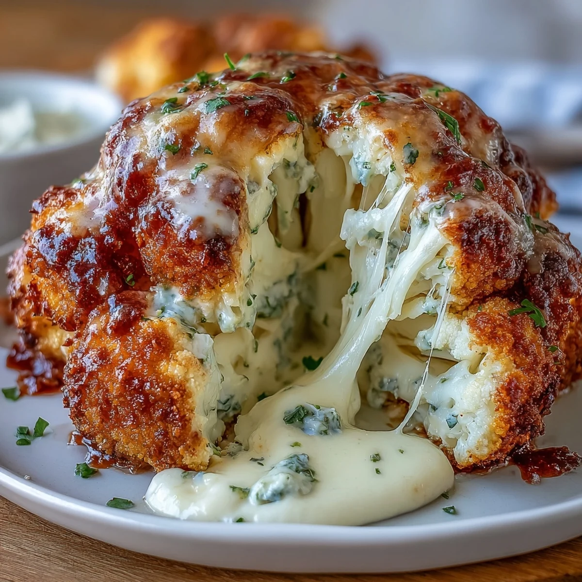 A whole roasted Cheesy Stuffed Cauliflower Head, golden brown and bubbling, with creamy filling peeking out from tender florets, served warm as a vegetarian main.  