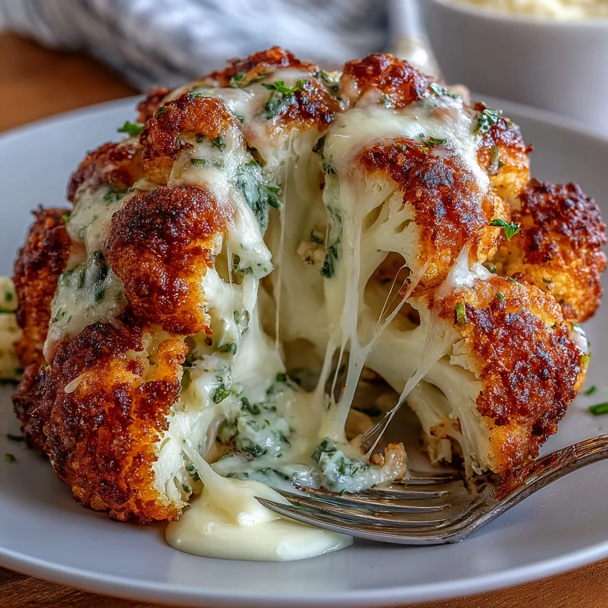 Perfectly roasted Cheesy Stuffed Cauliflower Head plated with fresh chives, ready to serve as a stunning gluten-free vegetarian centerpiece for dinner.