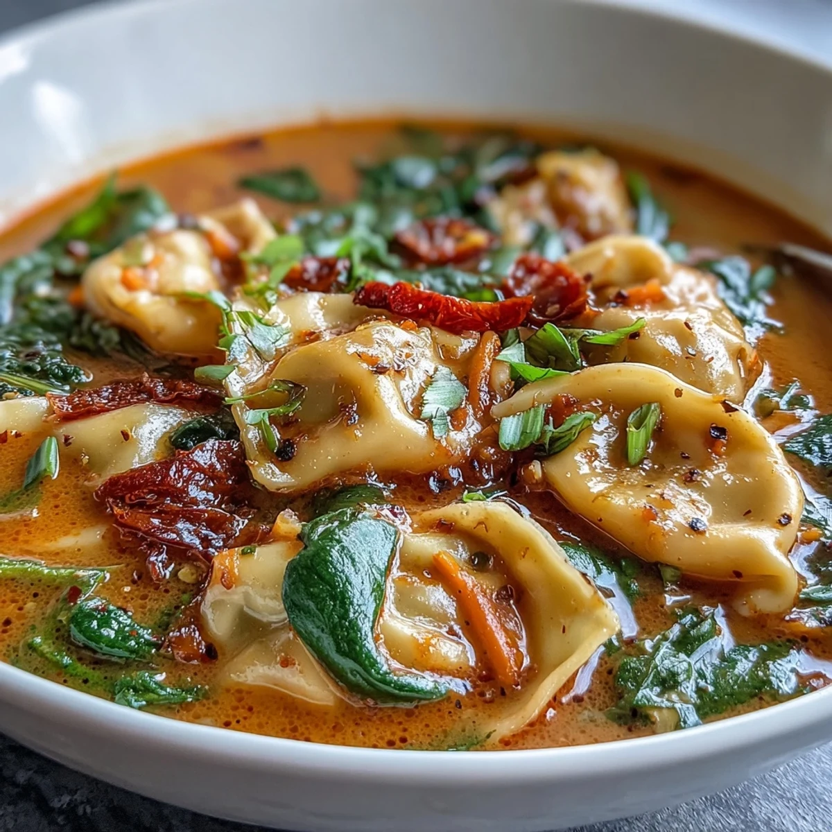 Vibrant Red Curry Wonton Soup with tender wontons and wilted greens.