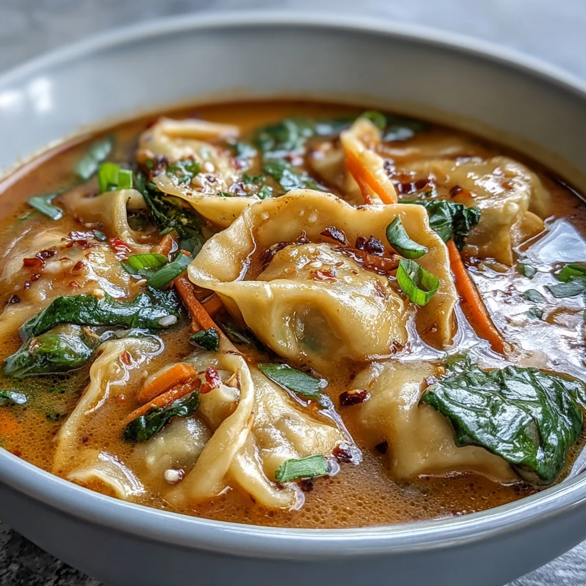 Quick Red Curry Wonton Soup with a swirl of coconut milk, ready to enjoy.