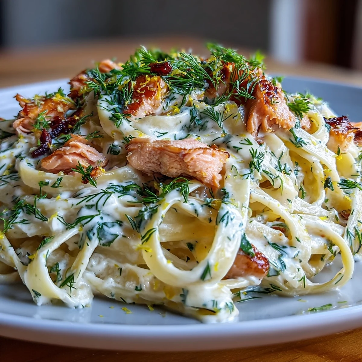 Flaky hot-smoked salmon tossed in rich lemon cream sauce with fettuccine pasta.