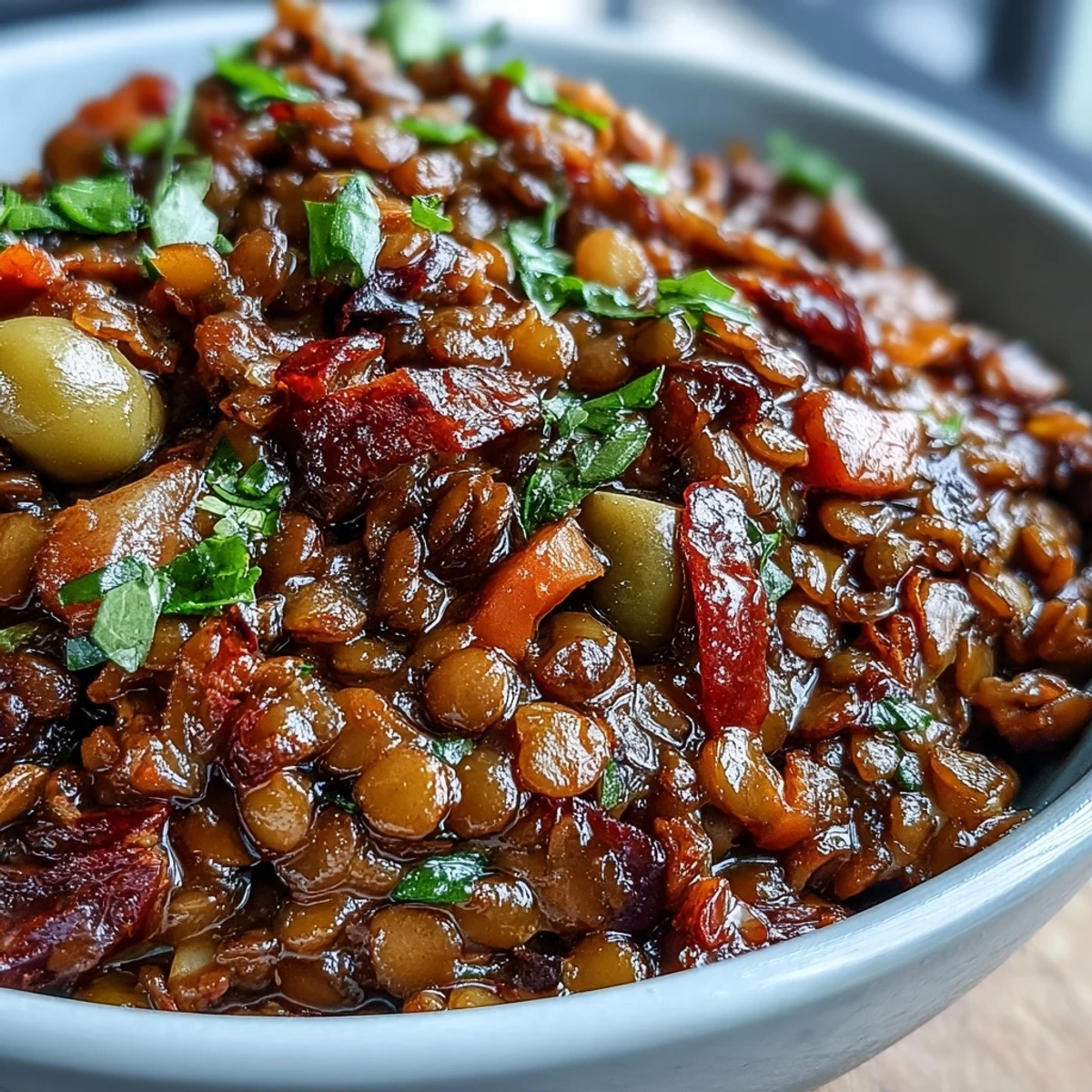 Hearty Cuban-Inspired Lentil Picadillo served in a rustic skillet with a side of ripe plantains for a classic meal.