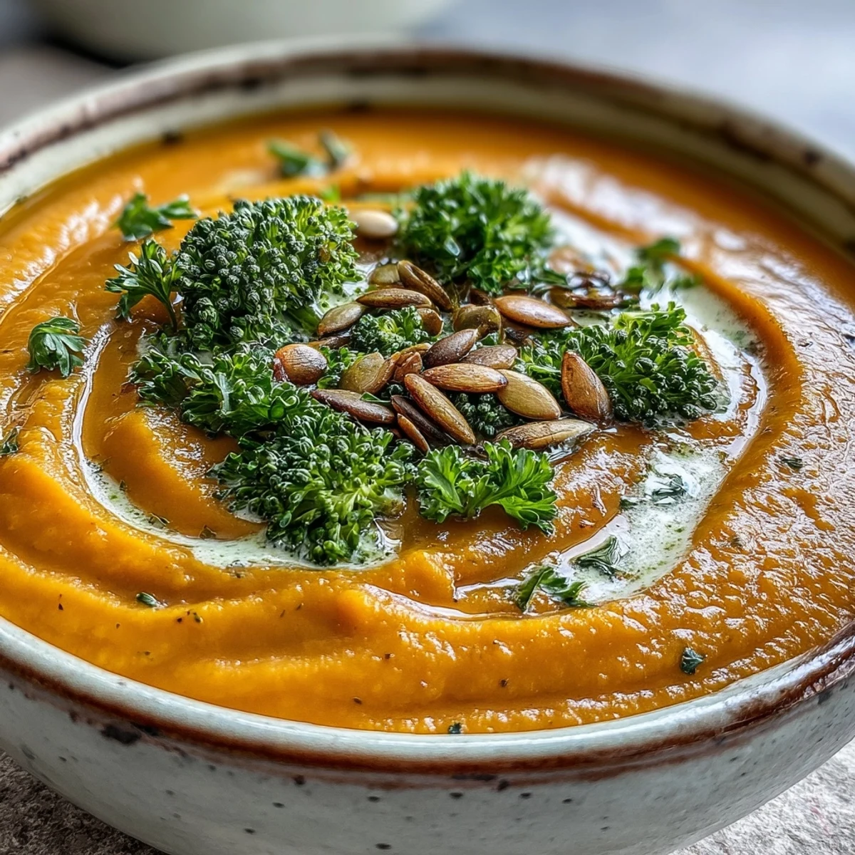 Creamy Roasted Broccoli and Butternut Squash Soup served hot in a rustic bowl with a drizzle of coconut milk.