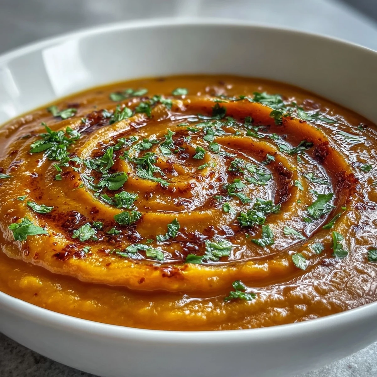 Butternut Squash and Lentil Soup glows in a rustic bowl, topped with a coconut cream swirl and fresh cilantro leaves.