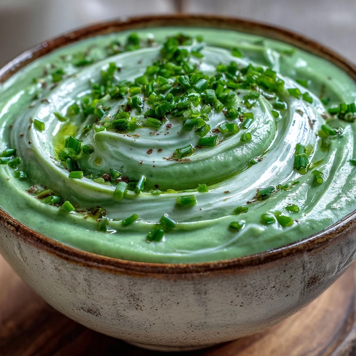 Creamy homemade Cream of Broccoli Soup in a white bowl, topped with fresh chives and croutons.