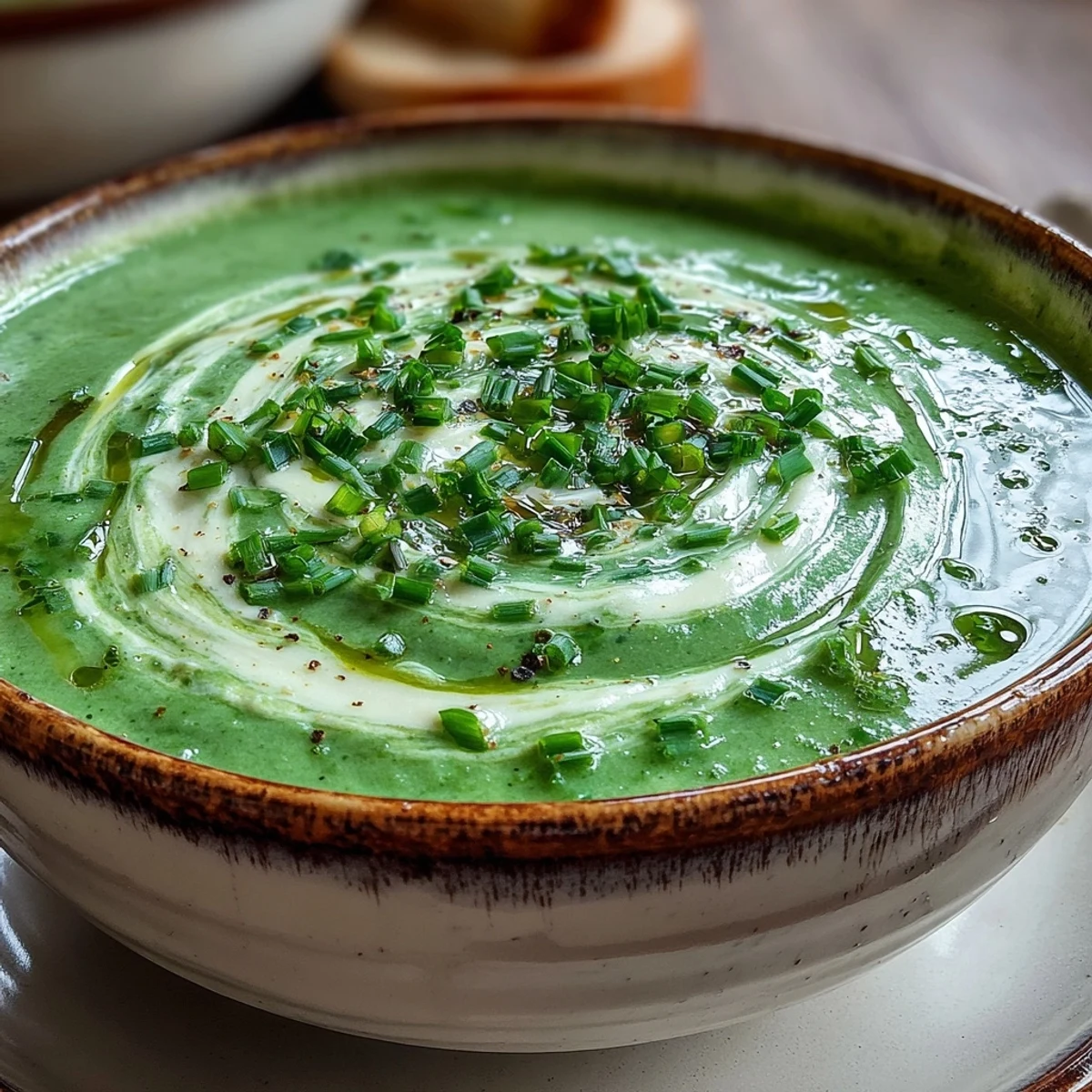 Smooth Cream of Broccoli Soup with vibrant green puree, fresh herbs, and a spoon ready to serve.