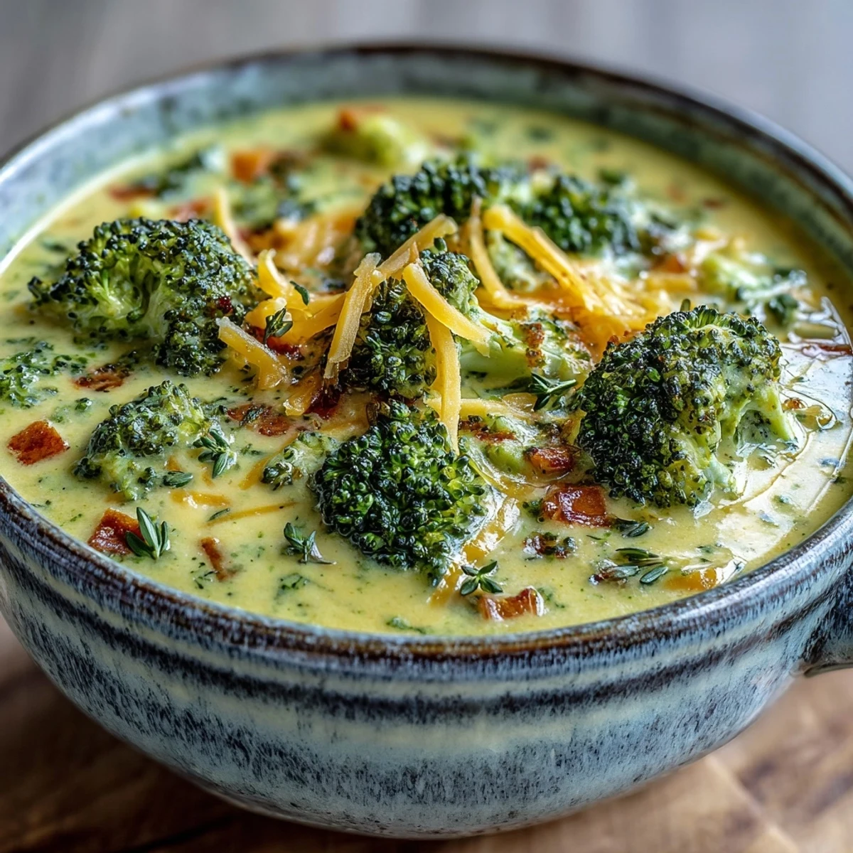 Golden-brown roasted broccoli florets in creamy Roasted Broccoli Cheddar Soup garnished with fresh herbs.