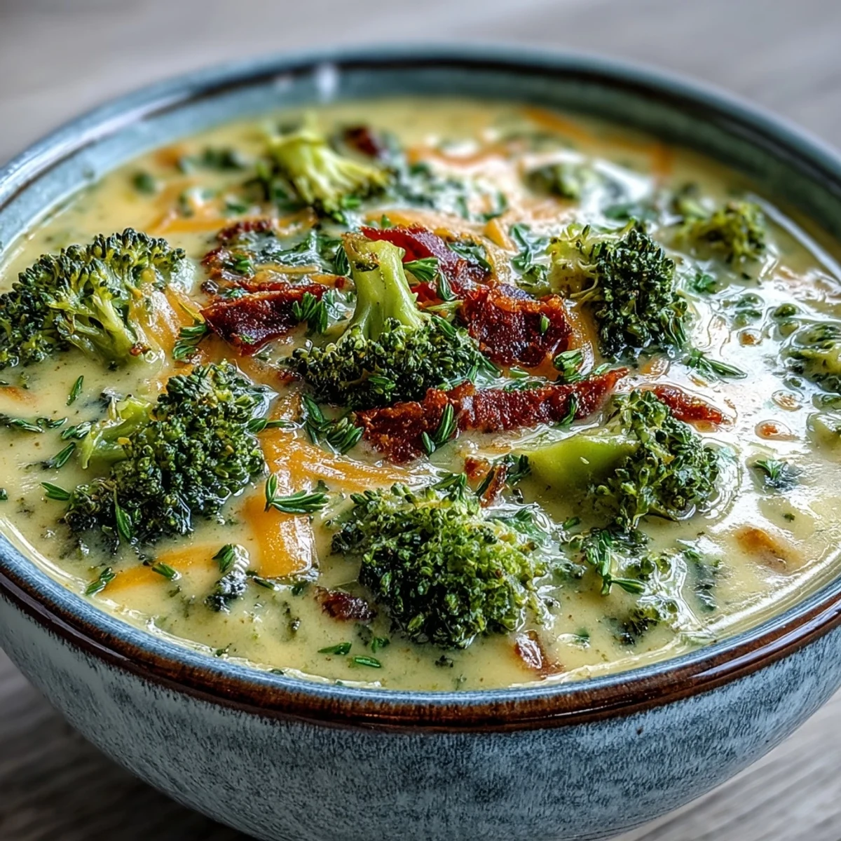 Comforting Roasted Broccoli Cheddar Soup served hot in a rustic bowl, paired with a slice of crusty bread.