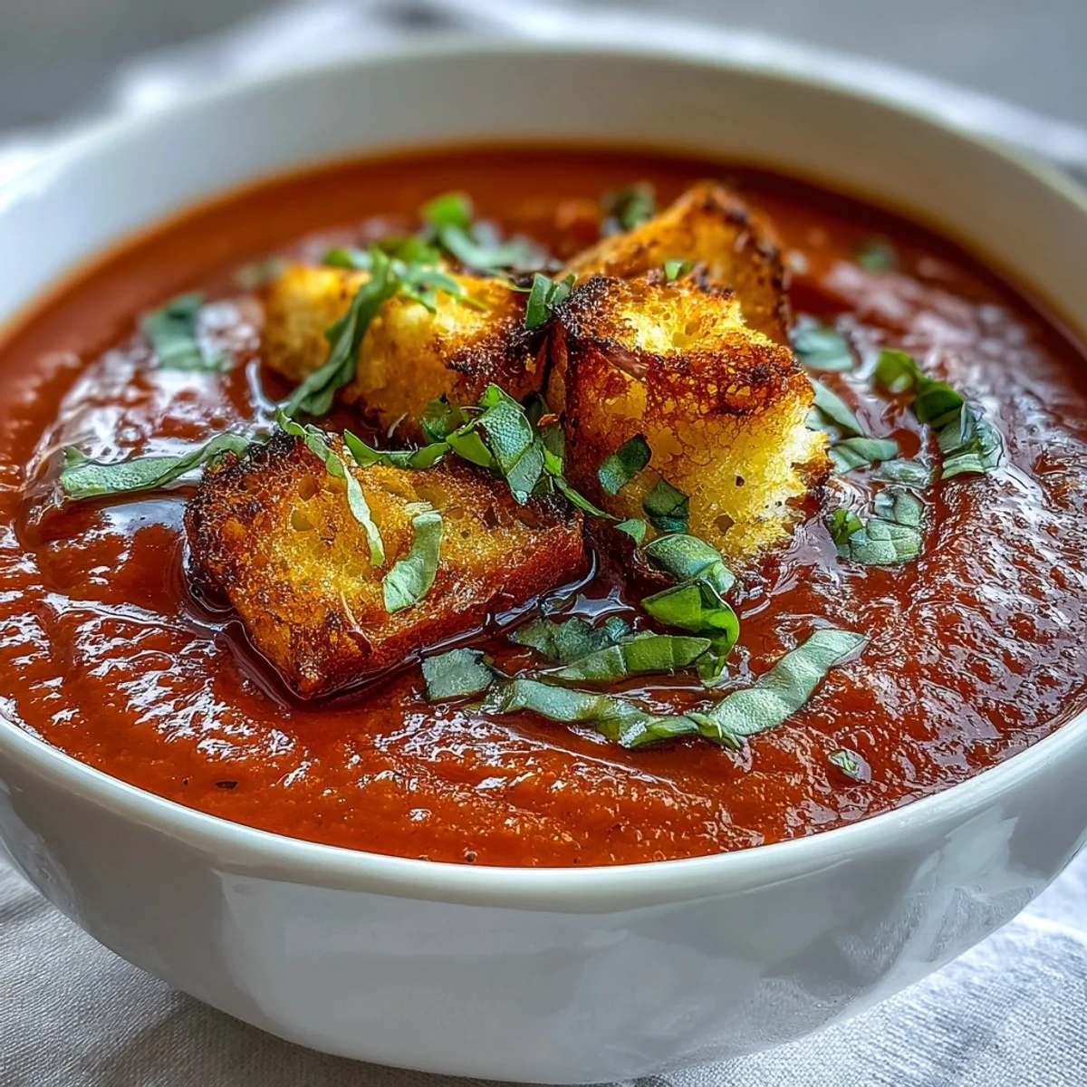 A close-up of a vibrant, creamy Roasted Tomato Basil Soup garnished with fresh basil and a swirl of heavy cream.