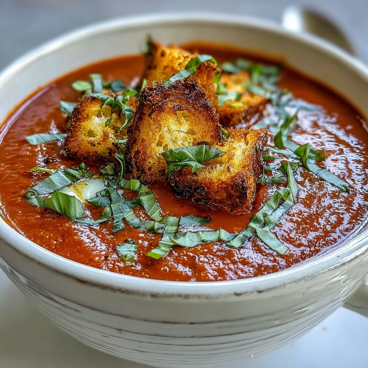 Silky smooth Roasted Tomato Basil Soup served in a rustic ceramic bowl, with toasted bread for dipping on the side.