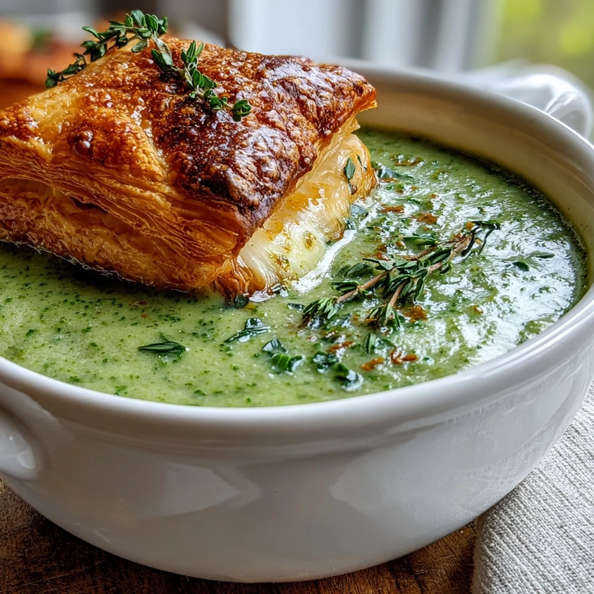 Creamy broccoli and butternut squash soup topped with golden, flaky cheese pastries in a white bowl.