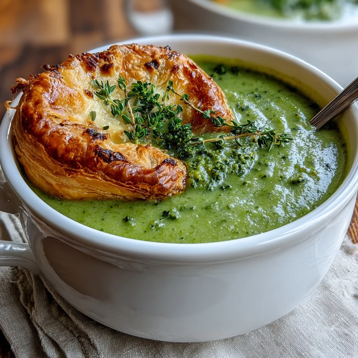 Close-up of Creamy Broccoli and Butternut Squash Soup With Pastries featuring a spoon dipping into velvety soup.