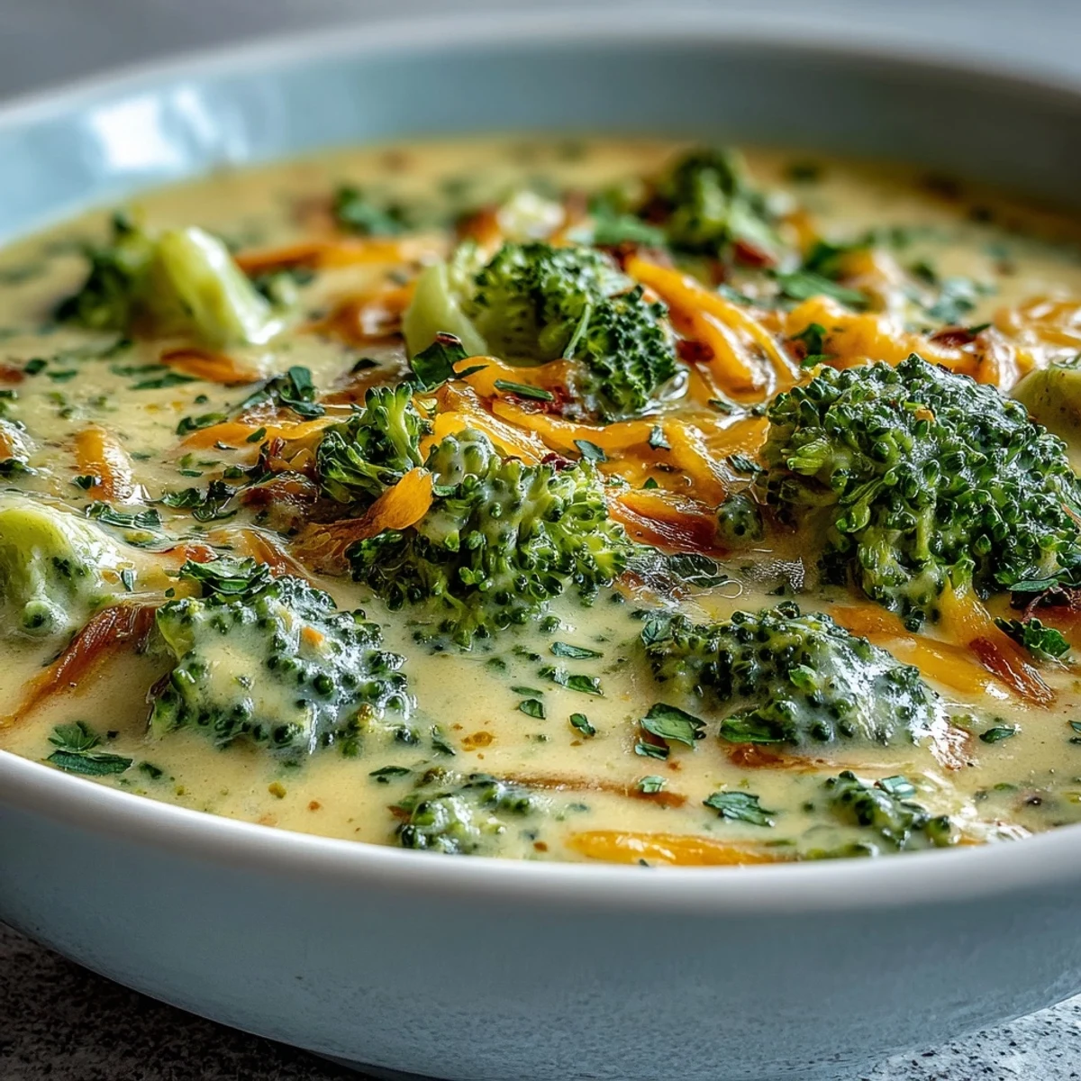 Creamy homemade Broccoli Cheddar Soup in a rustic bowl with crusty bread.