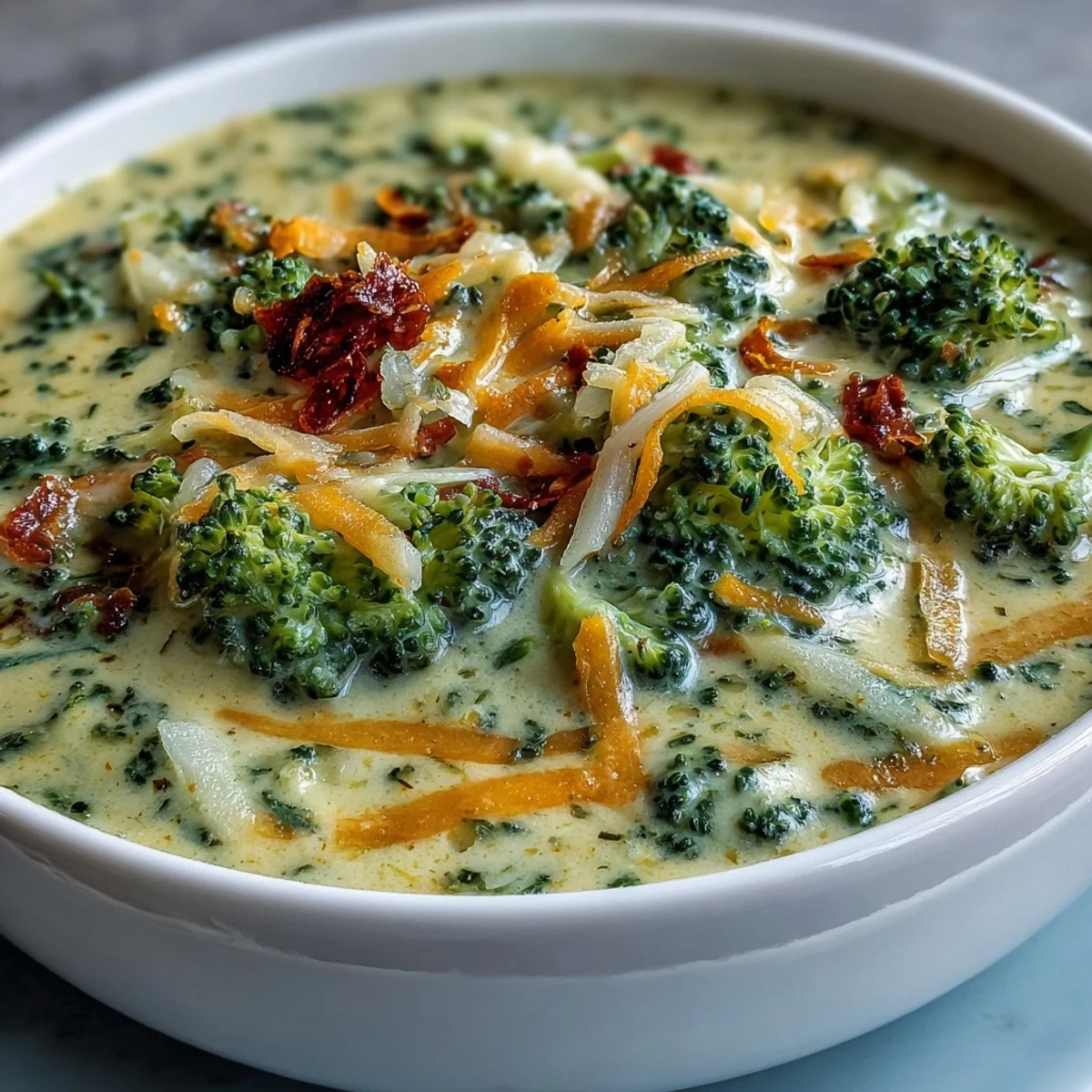 Comforting bowl of homemade Broccoli Cheddar Soup topped with extra sharp cheddar.