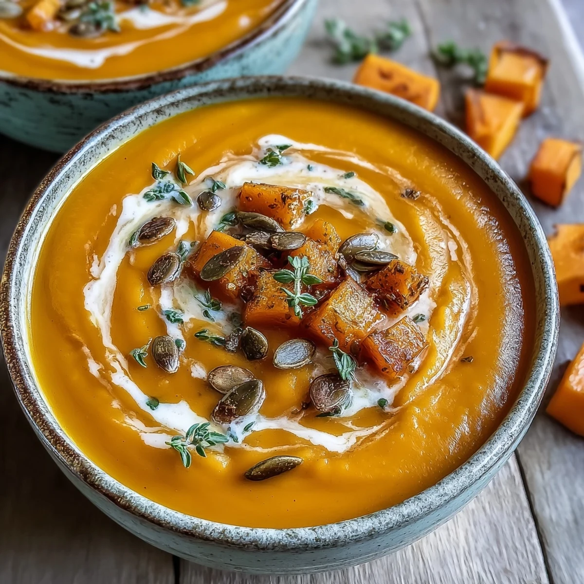 Easy Roasted Butternut Squash Soup with creamy swirl and toasted pumpkin seeds served in rustic bowls.