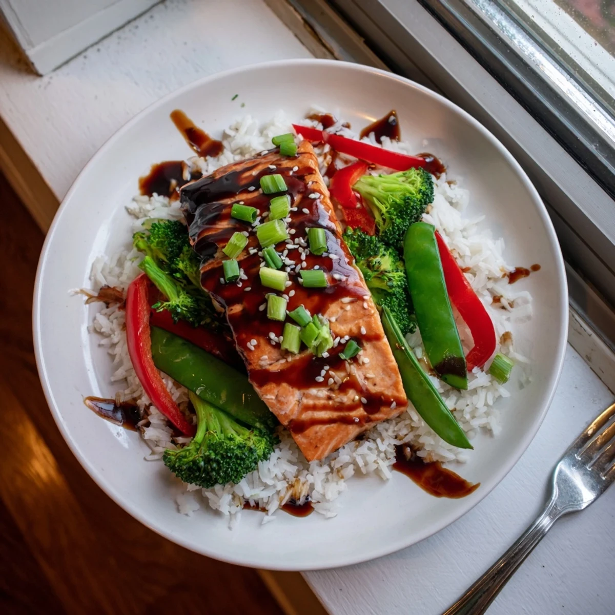 Flaky Maple Soy Glazed Salmon fillets served over steamed jasmine rice with crisp broccoli, snap peas, and red bell peppers, garnished with green onions and sesame seeds.