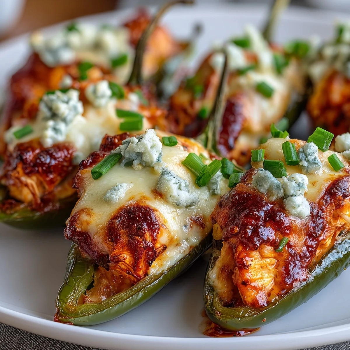 Baked Buffalo Wing Poppers featuring spicy baked jalapeño halves filled with creamy blue cheese and shredded chicken for game day.