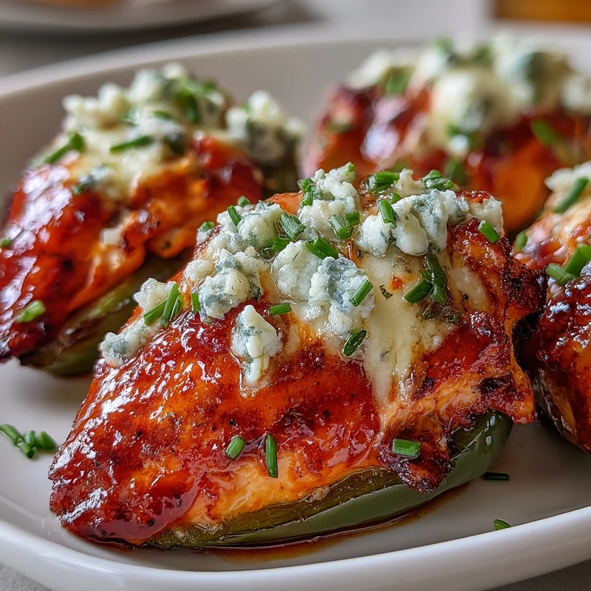 Golden brown Buffalo Wing Poppers with bubbling filling, fresh chives, and a drizzle of buffalo sauce on a rustic platter.