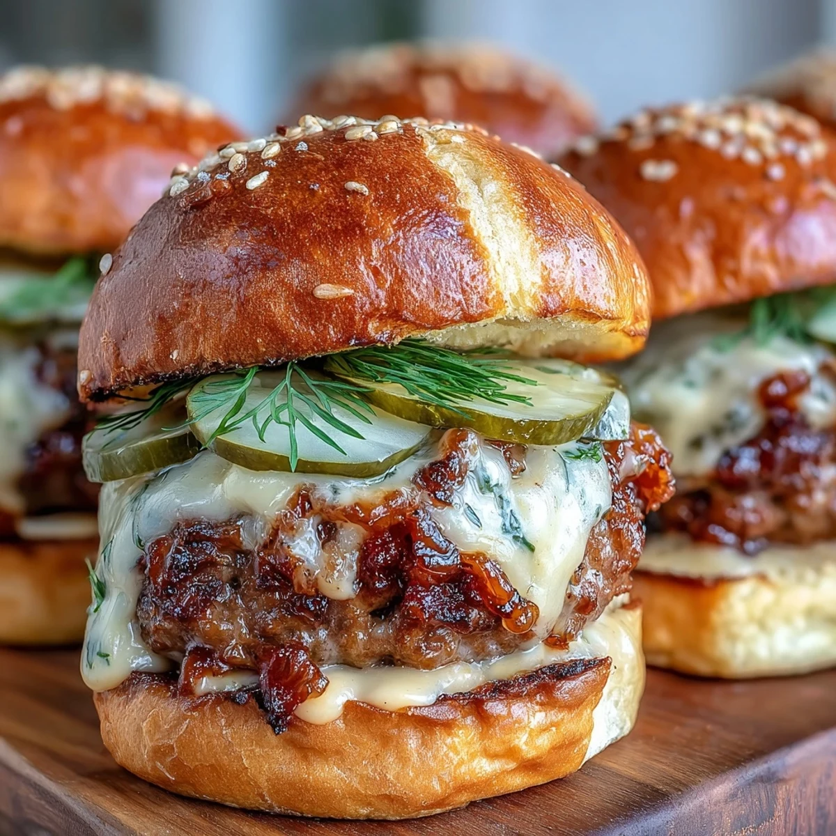Golden-brown Touchdown Brat Sliders with beer cheese sauce oozing onto a plate, topped with caramelized onions and pickles.