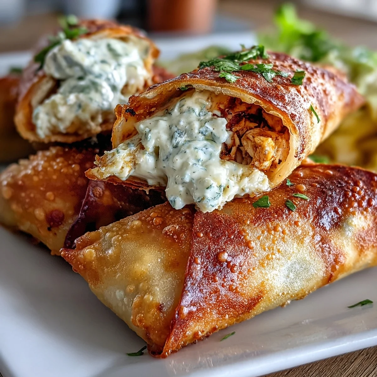 Golden-brown Mini Chicken Chimis with jalapeño cream cheese, served on a platter with green enchilada sauce for dipping.