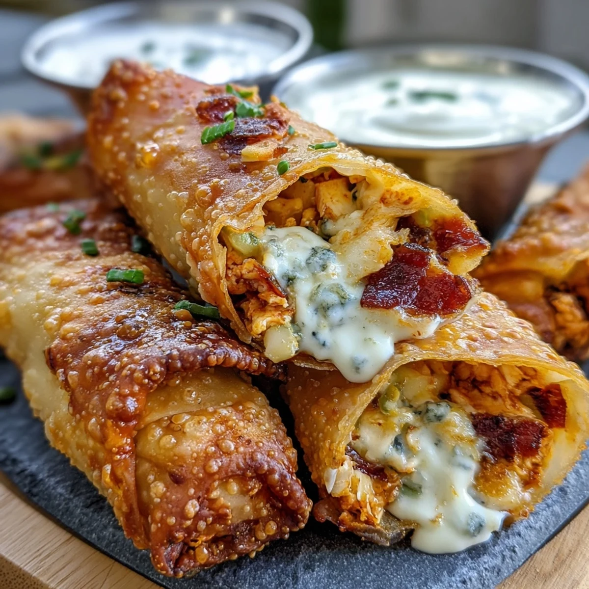 Golden brown Buffalo Chicken Egg Rolls sit on a parchment-lined tray with a creamy dip and celery sticks.