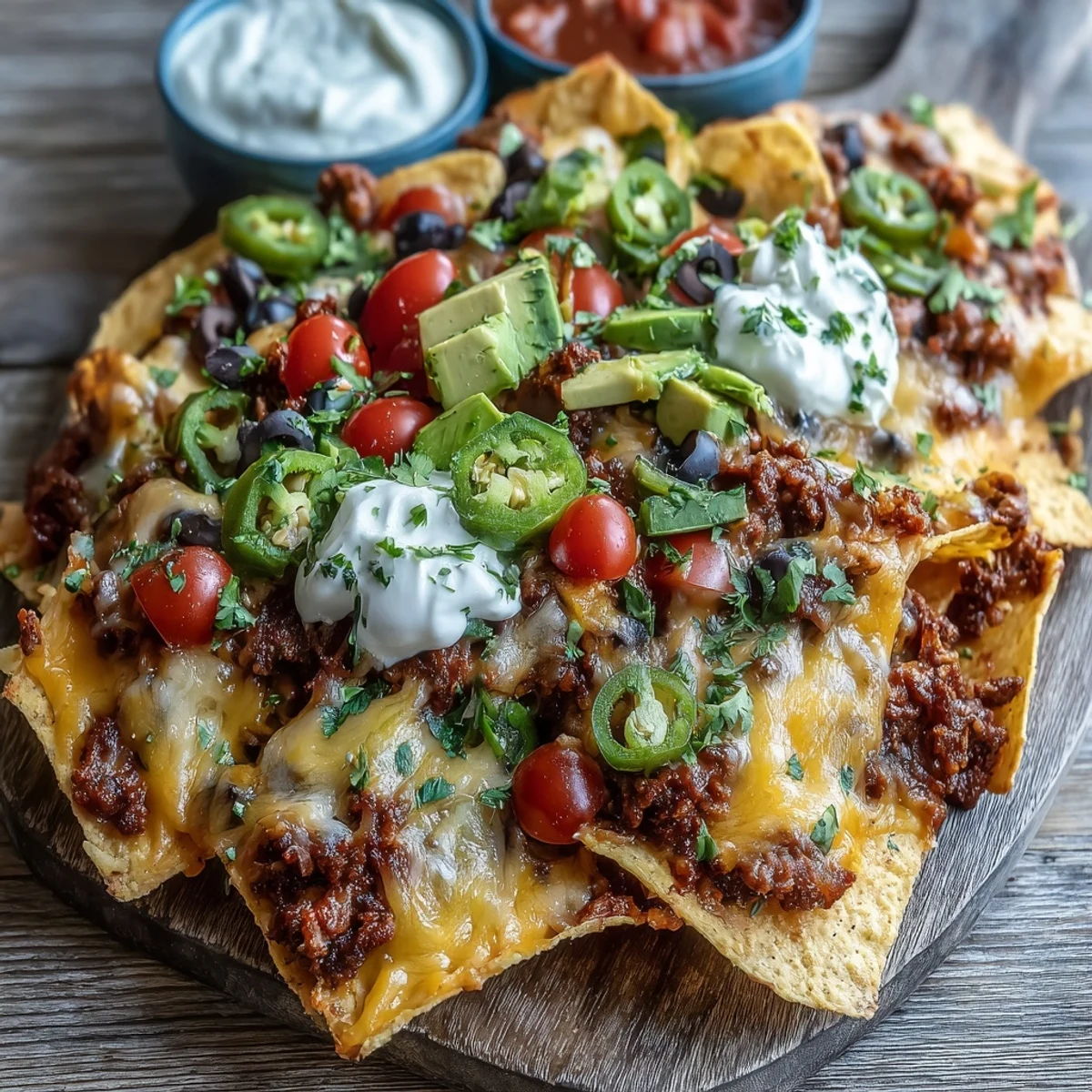 Freshly baked Tex-Mex Baked Nachos with melted cheddar and Monterey Jack cheese bubbling over seasoned ground beef.