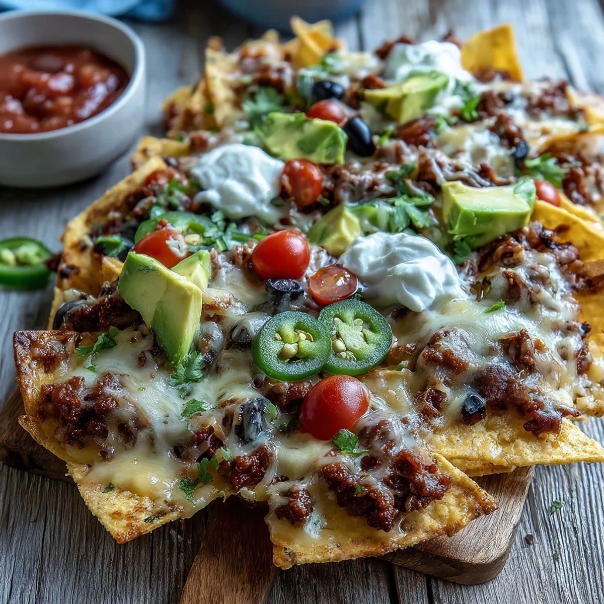 Golden Baked Nachos piled high with black beans, jalapeños, and fresh cilantro on a rustic platter.
