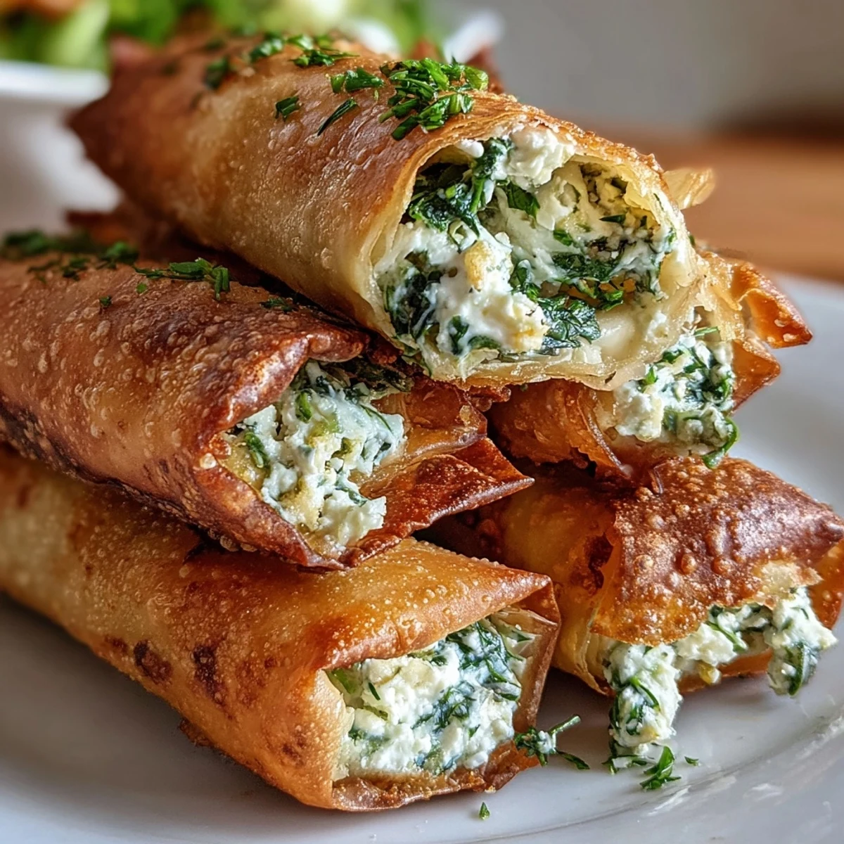 Golden brown Spanakopita Spring Rolls rest on a plate, steam rising from crispy, flaky wrappers filled with spinach and feta.