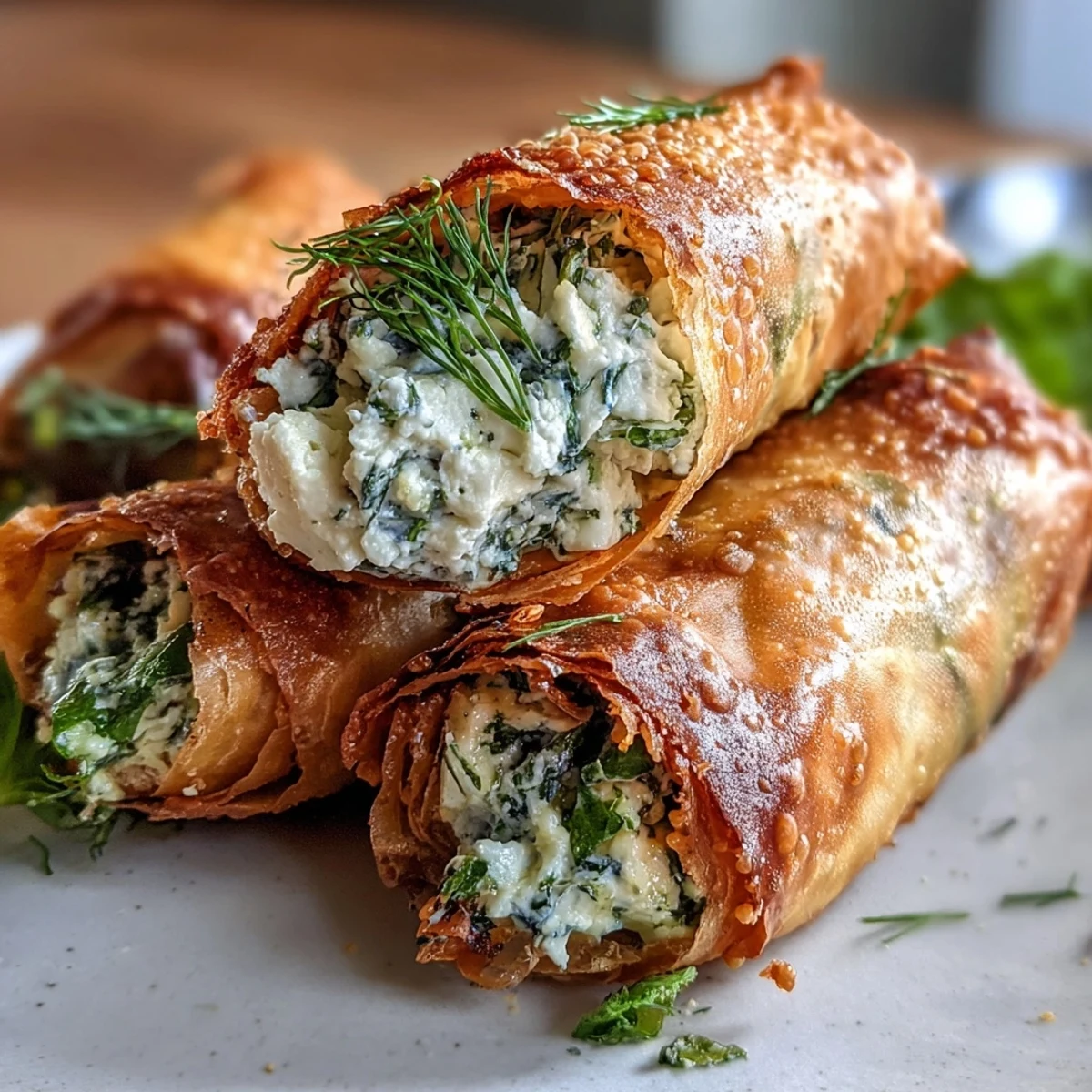 Golden Spanakopita Spring Rolls sit beside a creamy white yogurt-dill dip and fresh lemon wedges.