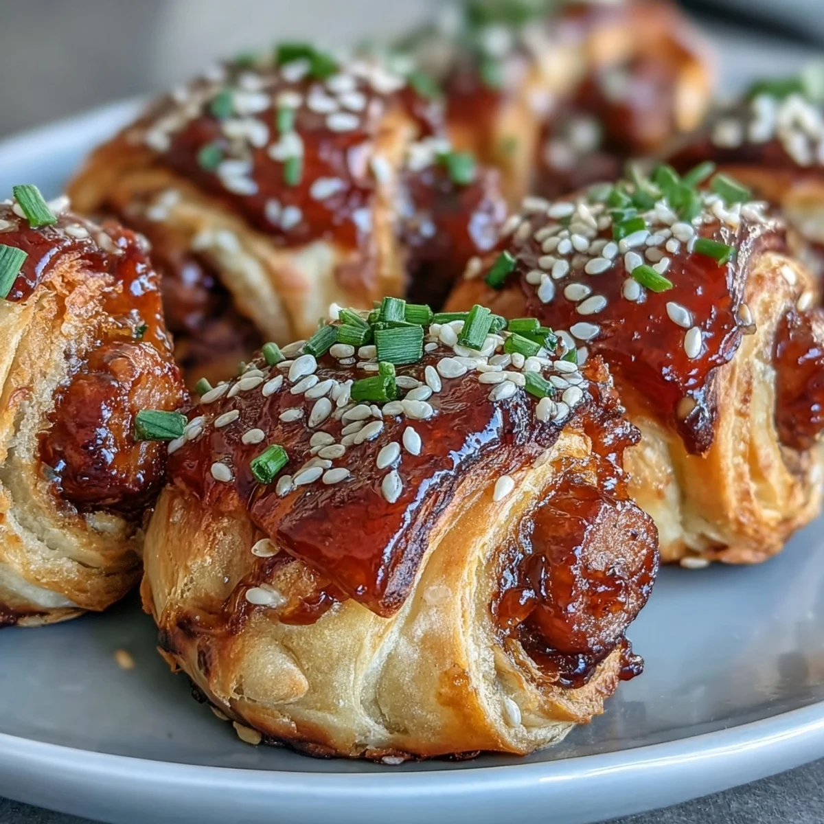 Golden brown Pepper Jelly Hogs in a Blanket, glazed and served warm on a rustic wooden platter.