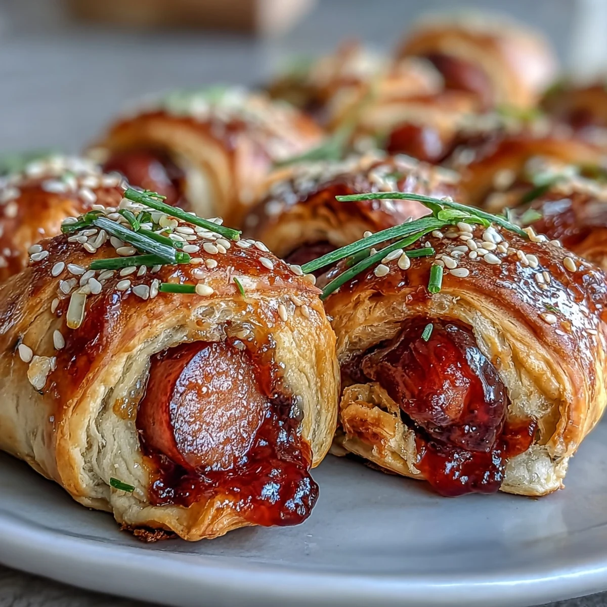 Freshly baked Pepper Jelly Hogs in a Blanket garnished with chopped chives and sesame seeds.
