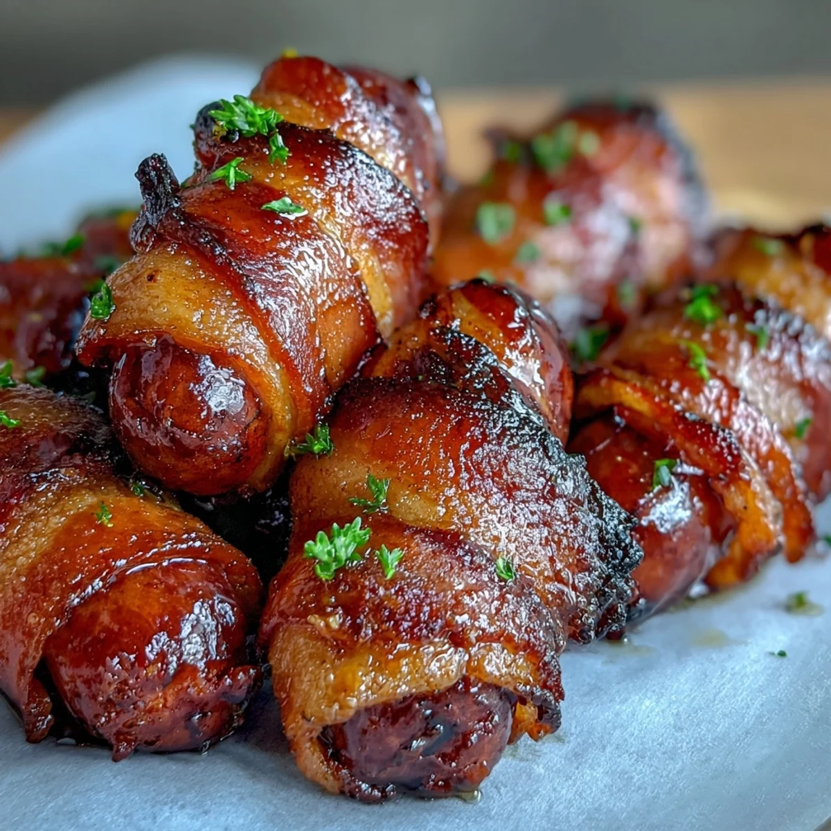 Golden-brown Bacon-Wrapped Smokies fresh from the oven, glistening with a sweet caramelized glaze.