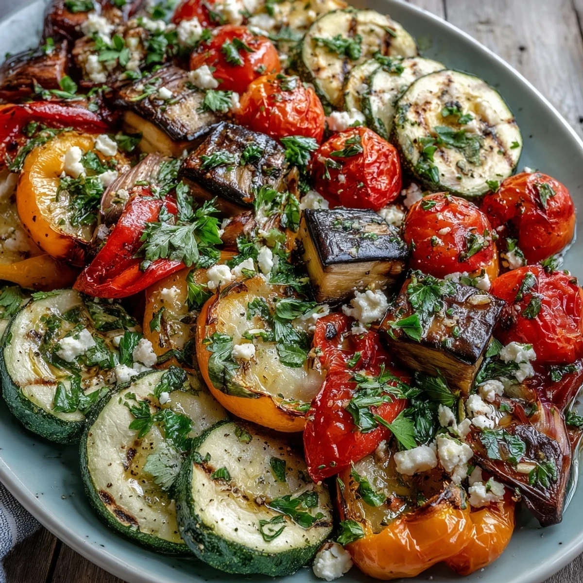 Colorful platter of Roasted Mediterranean Greek Vegetables with olives and parsley, served warm for a healthy dinner.