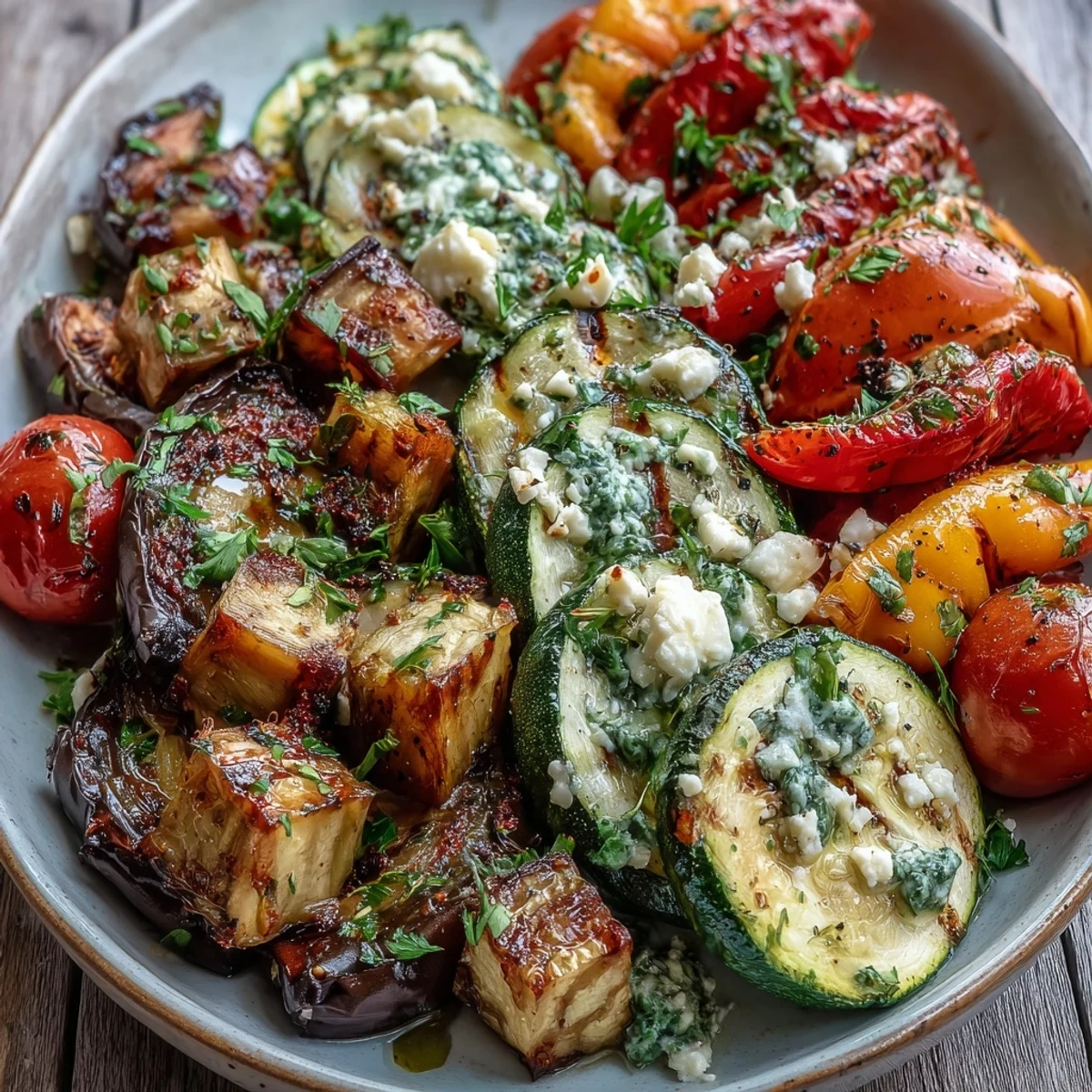Roasted Mediterranean Greek Vegetables on a baking sheet, caramelized and glistening with herbs, ready for feta garnish.