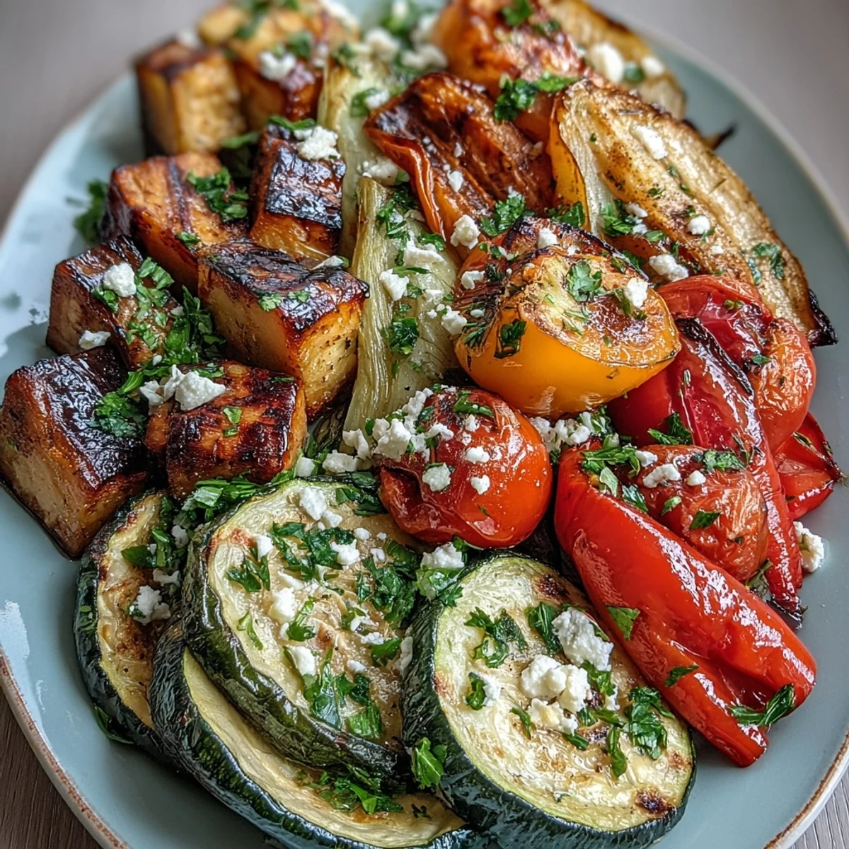 Sizzling Roasted Mediterranean Greek Vegetables fresh from the oven, featuring tender eggplant, zucchini, peppers, and tomatoes.