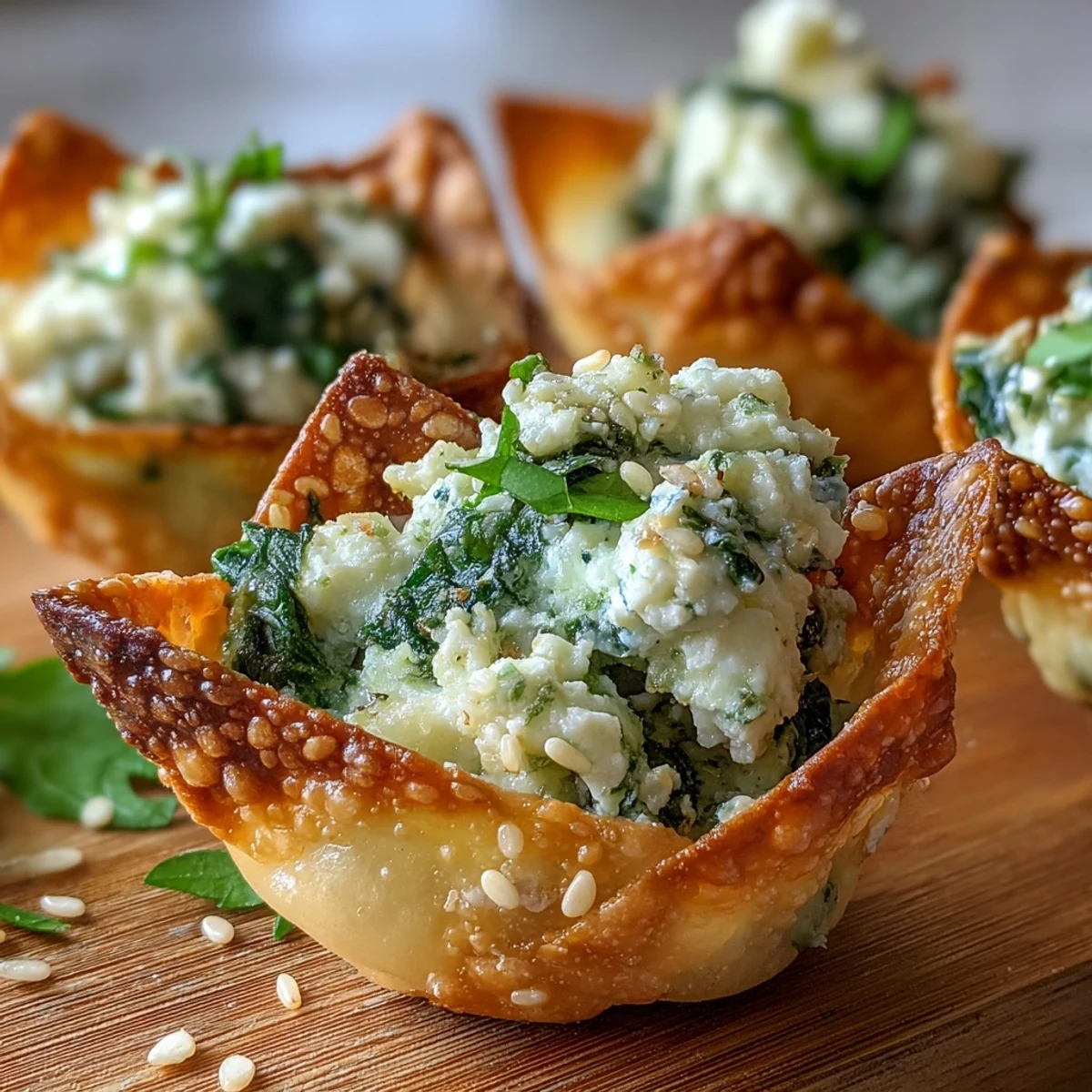 Golden Mediterranean Spinach and Feta Cheese Crisps sit in a mini muffin tin, featuring flaky wonton edges and warm, creamy filling.