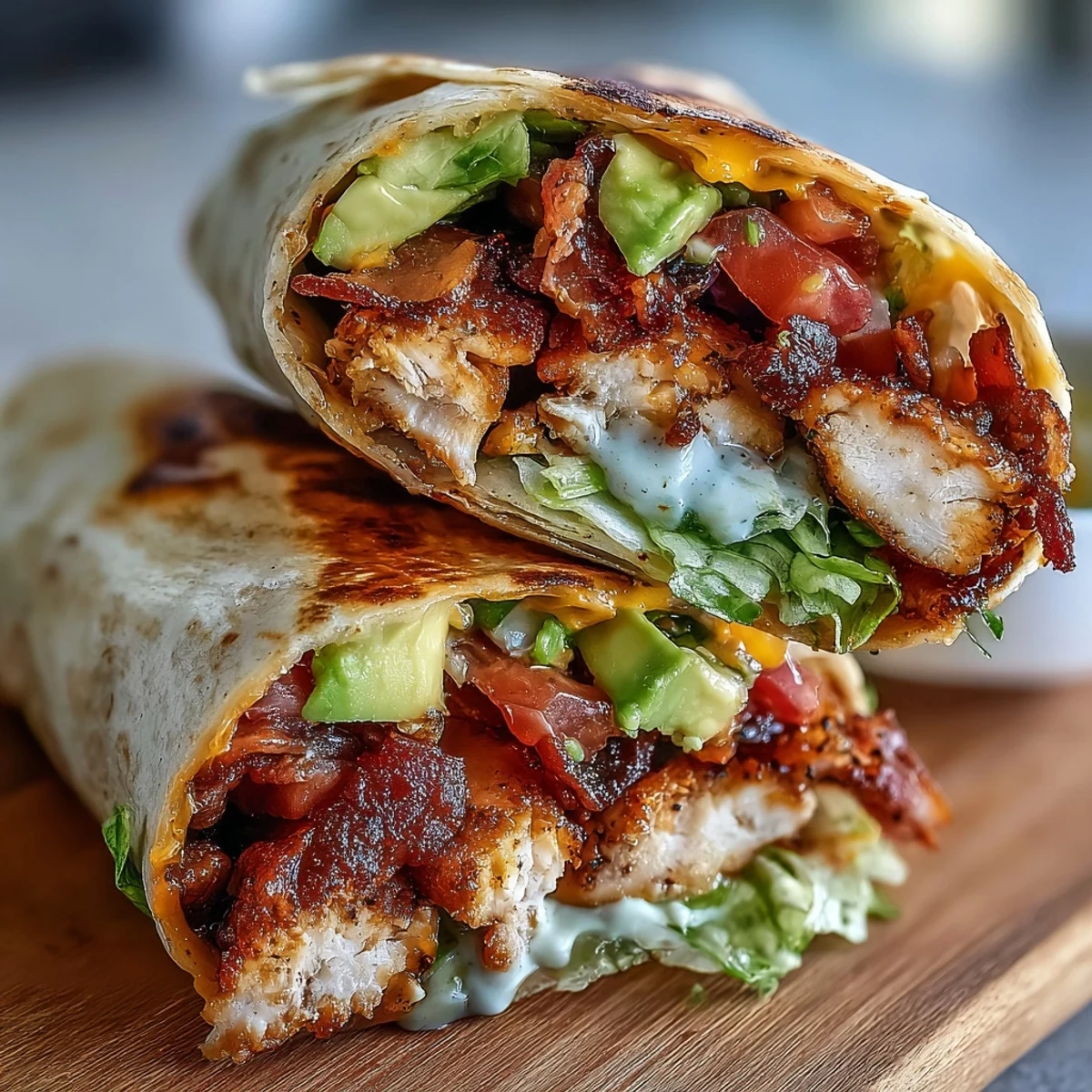 Crunchy Crispy Chicken Bacon Wrap served beside a small bowl of tangy mayo dipping sauce on a rustic table.