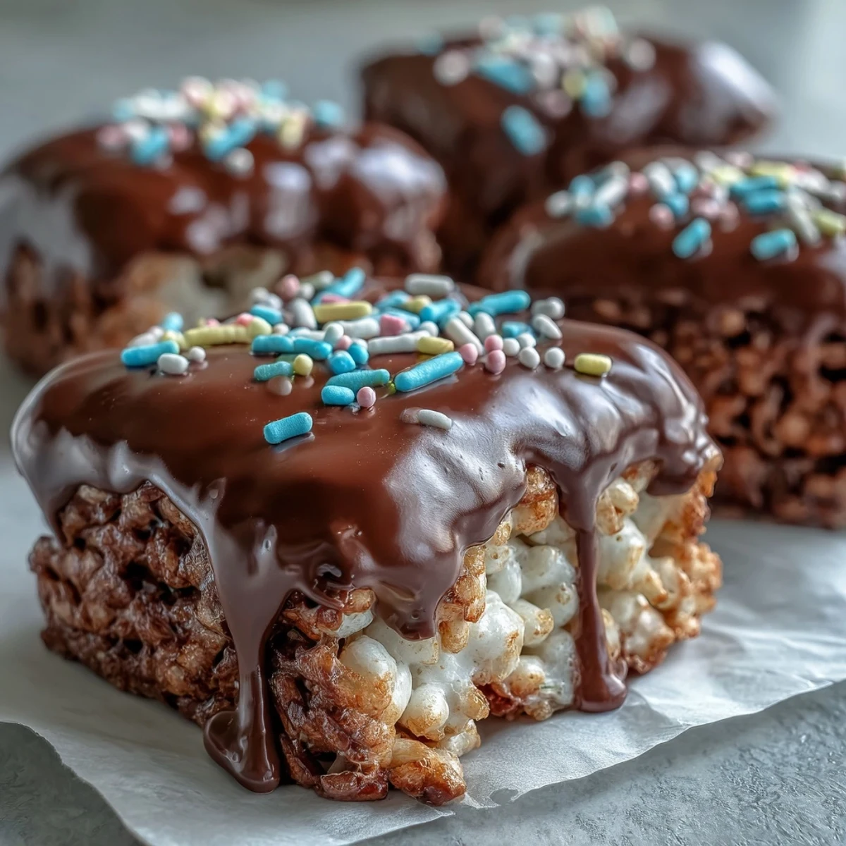 Golden, glossy Chocolate Covered Rice Krispy Treats topped with rainbow sprinkles are cut into squares on parchment paper.