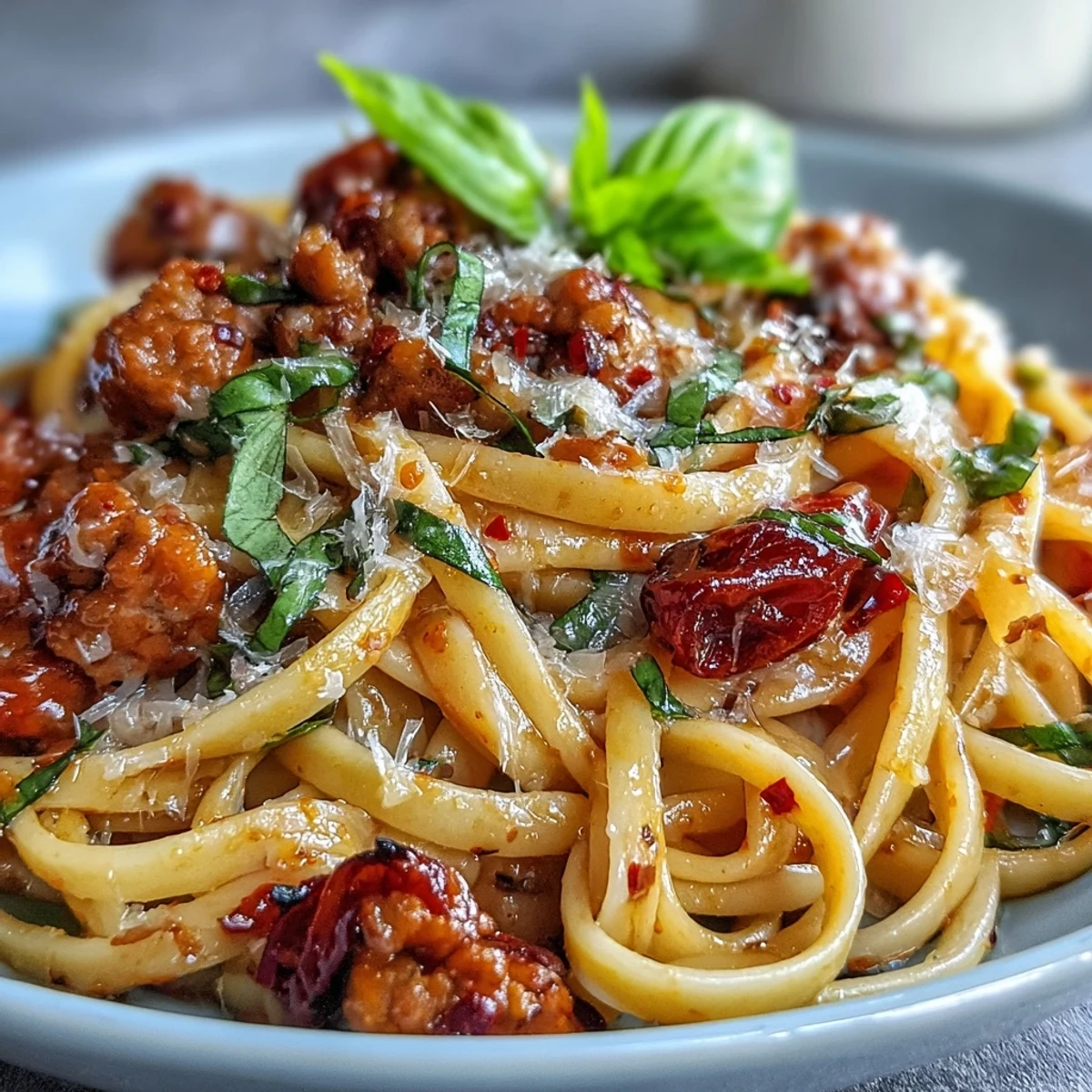 Fork-tender Italian Drunken Noodles swim in a glossy, ruby-red Chianti tomato sauce, flecked with fresh basil leaves and shaved Parmesan cheese.