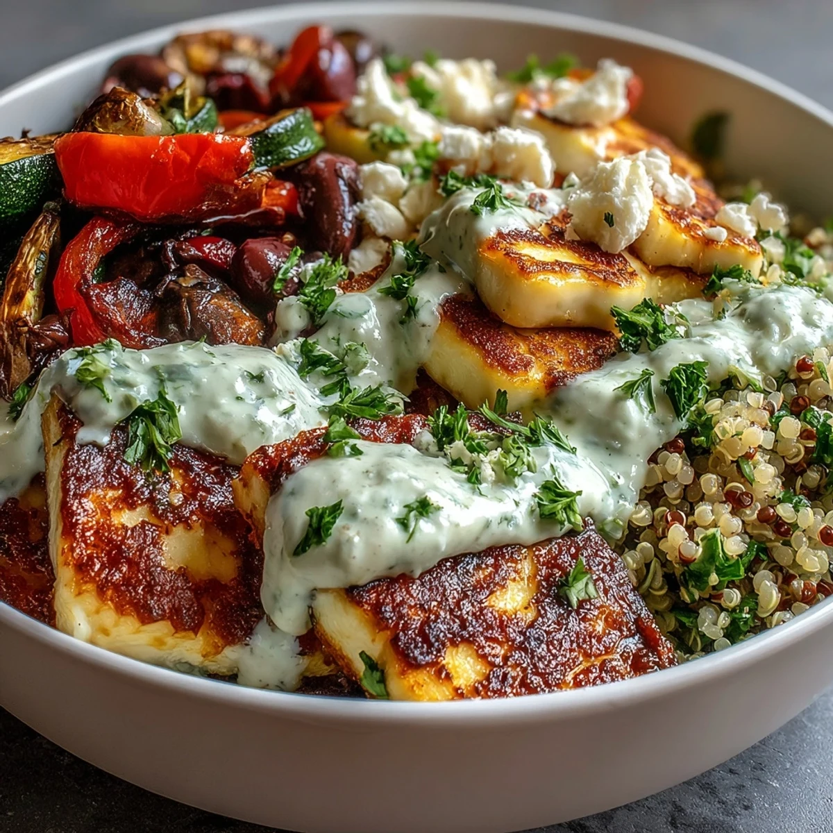 Spoon-ready Healthy Grilled Mediterranean Bowl topped with briny olives, cucumbers, and parsley, perfect for dinner.
