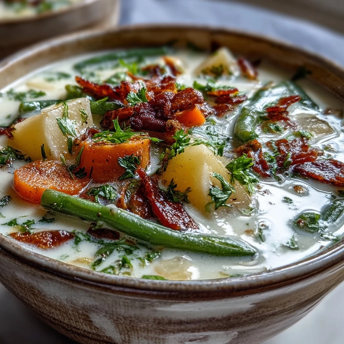 Creamy Amish Snow Day Soup simmering in a pot with tender carrots and potatoes in a rich thyme broth.