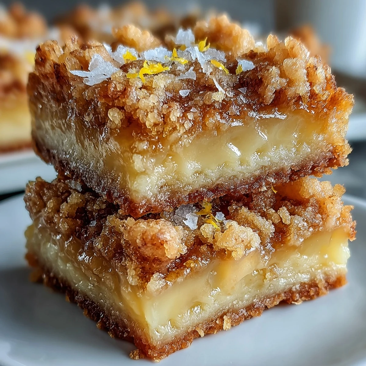 Golden Homemade Lemon Crumb Bars stacked on a plate with a cup of tea, perfect for dessert.