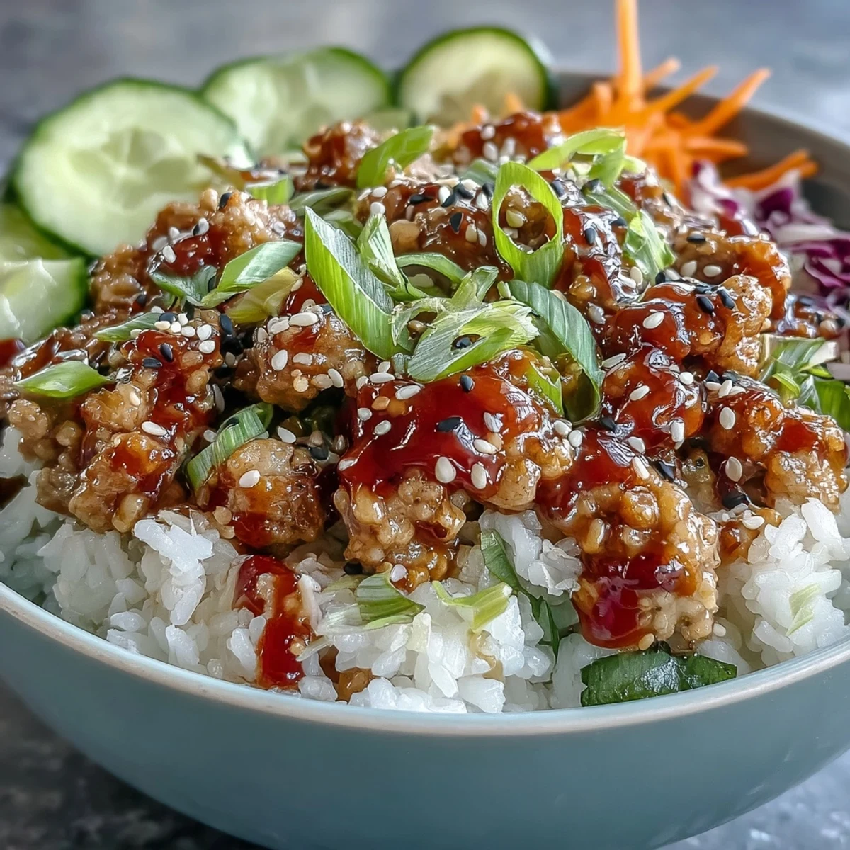 Freshly sliced carrots, cucumbers, and cabbage top fluffy rice and seasoned turkey for Bang Bang Ground Turkey Rice Bowls.