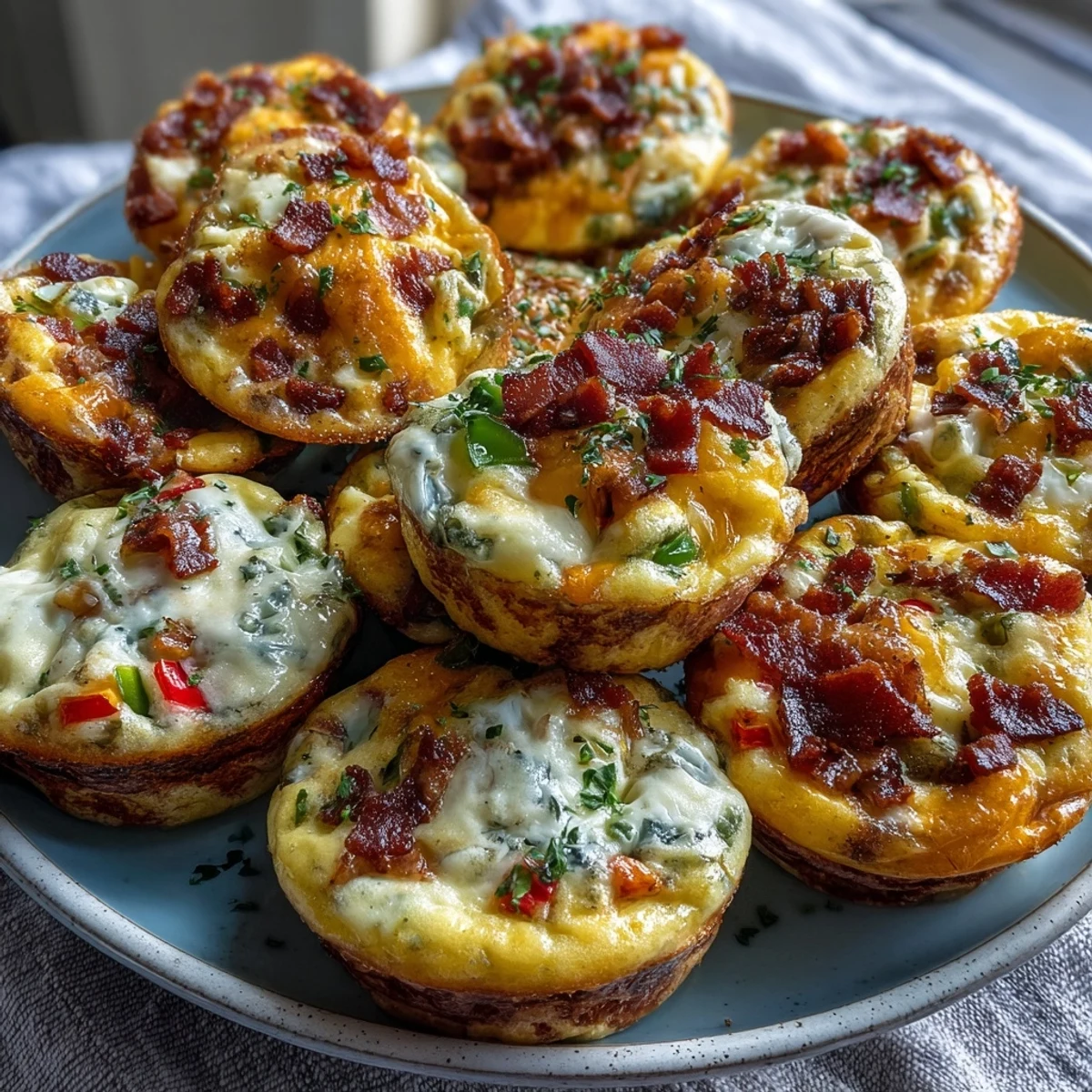 Golden-brown Breakfast Egg Muffins with cheddar, bacon, and peppers, served warm on a plate.